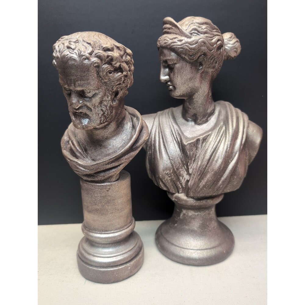 2 HandPainted Porcelain Busts Greek Roman Style Male Philosopher Goddess Statue